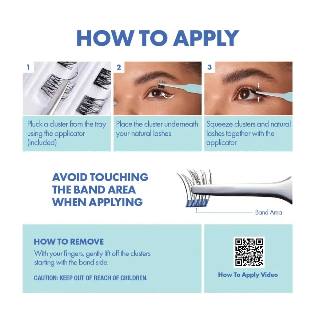 Instructions on how to apply false eyelashes with step-by-step guidance and a QR code for a video tutorial.