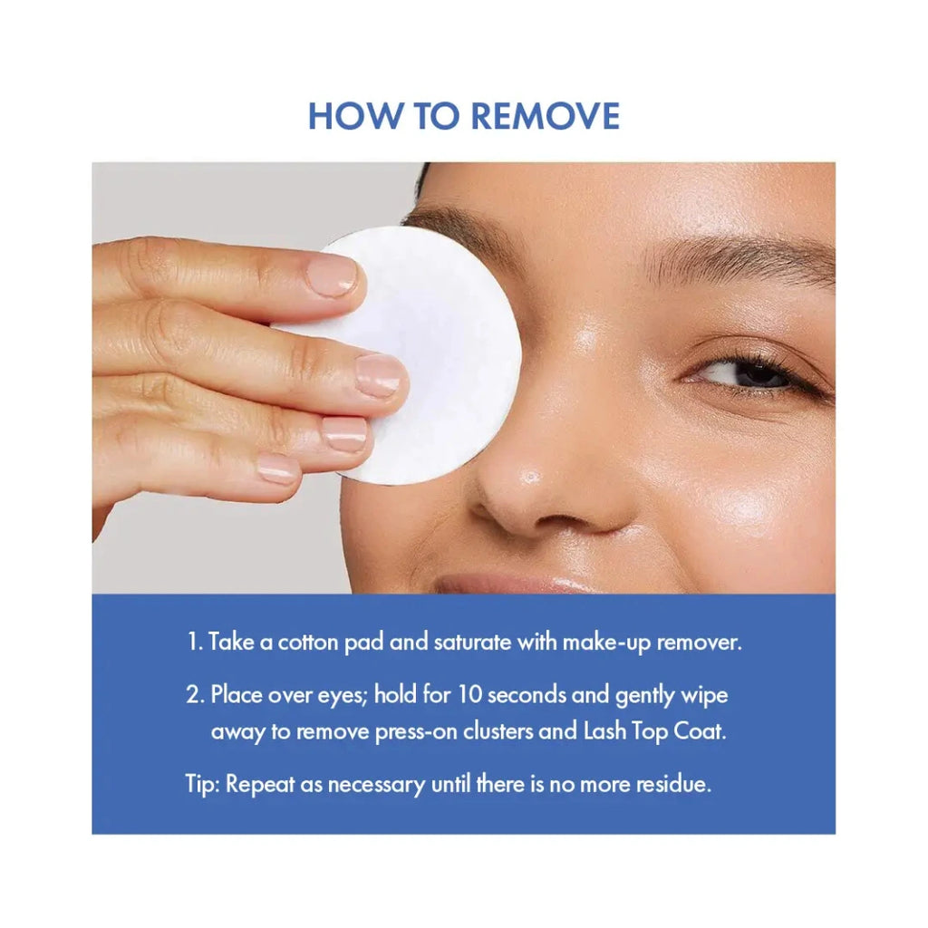 Instructions on how to remove press-on clusters with a cotton pad and makeup remover.