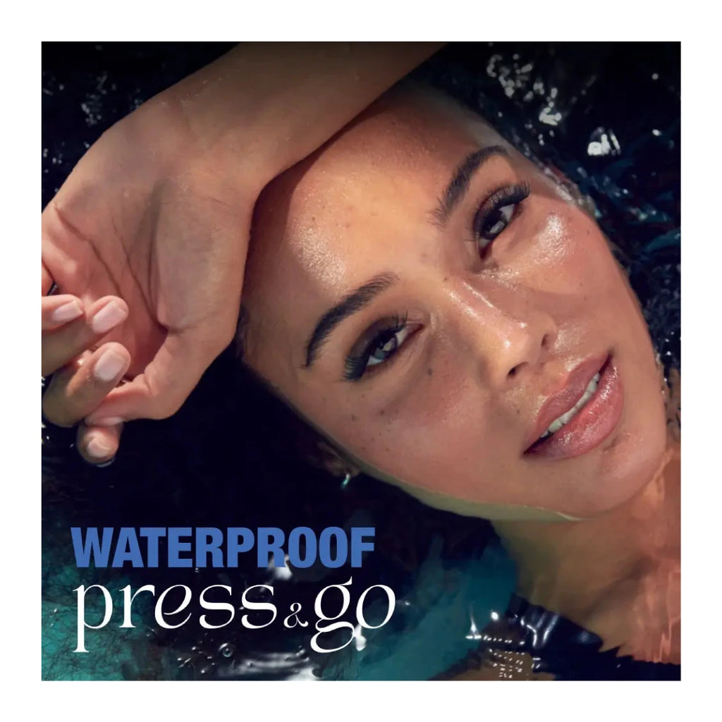 Woman with waterproof makeup product applied, with 'Waterproof press&go' text.