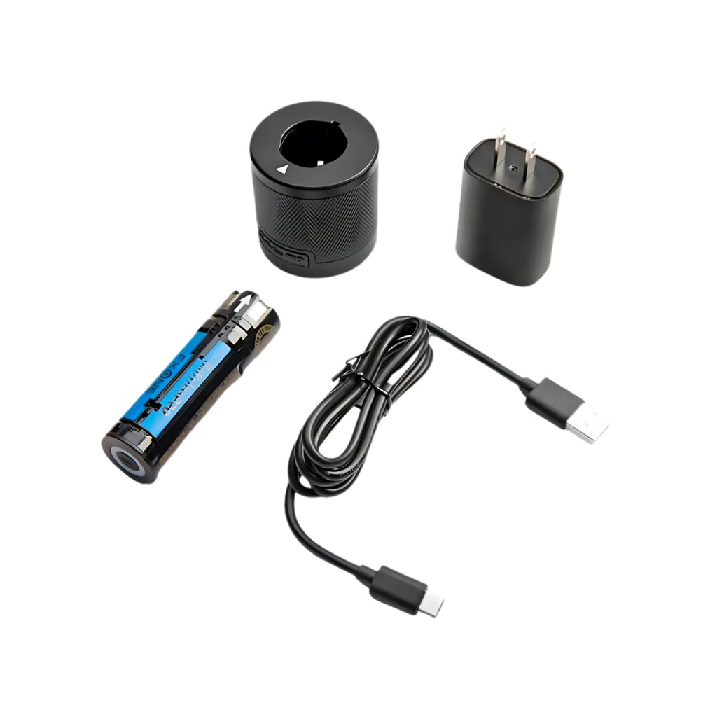 Collection of electronic components including a cylindrical device, battery, charger, and cable on a white background.