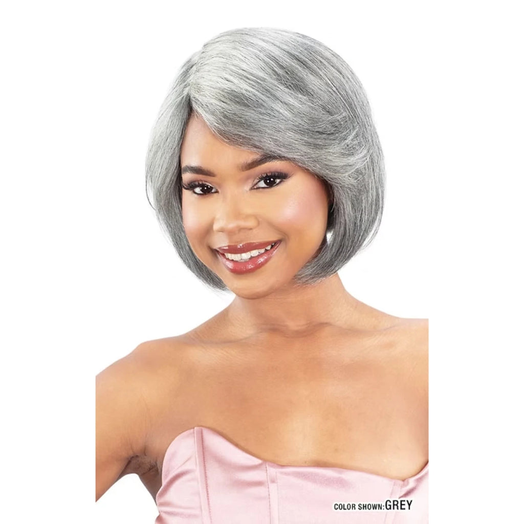 Woman with a gray wig on a white background