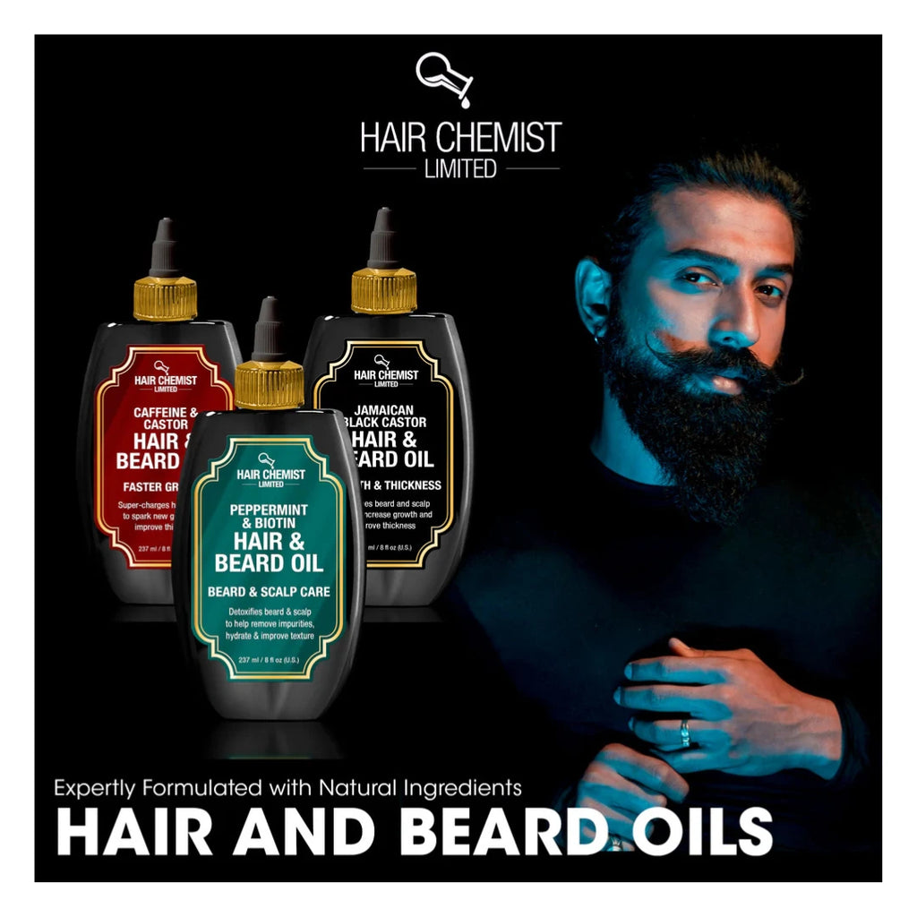 Hair Chemist hair and beard oil products with a man featuring a beard on a black background.