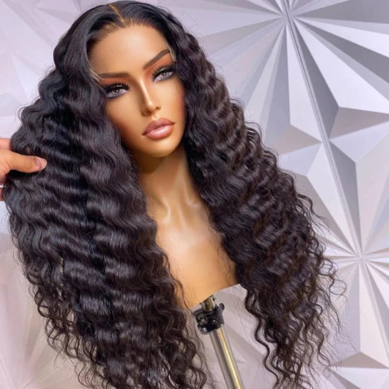 26 inch Lace Wig Center Part Long Curly Front Wig Human Glue Free Wig Natural Color Wavy Synthetic Fiber Wig Head Cover, Deep Wavy Lace Front Wig