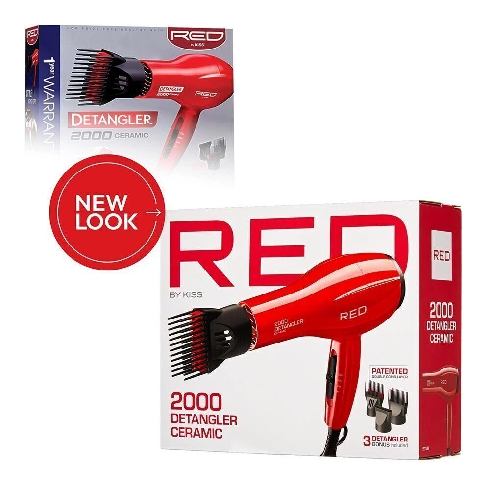 Red by Kiss Detangler 2000 Ceramic Hair Dryer Includes 3 Bonus Detangler Attachments