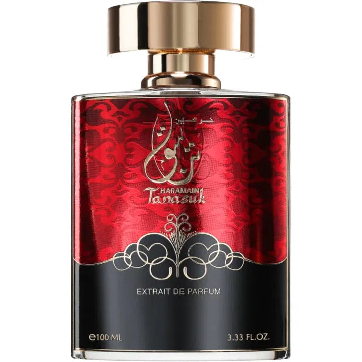 Perfume bottle with red and black design on a white background