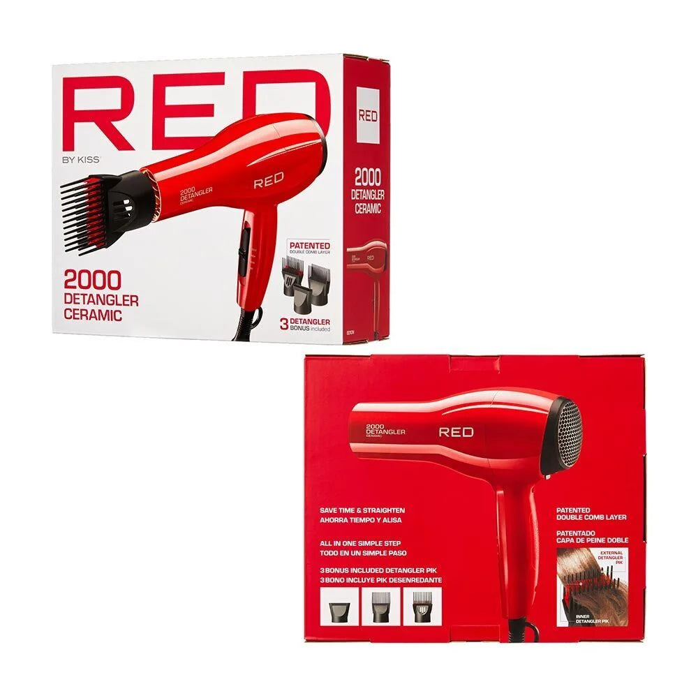 Red by Kiss Detangler 2000 Ceramic Hair Dryer Includes 3 Bonus Detangler Attachments