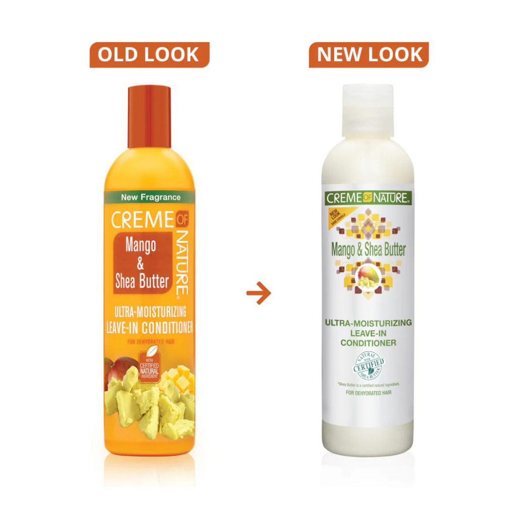 Comparison of Creme of Nature Mango & Shea Butter leave-in conditioner with old and new packaging designs.