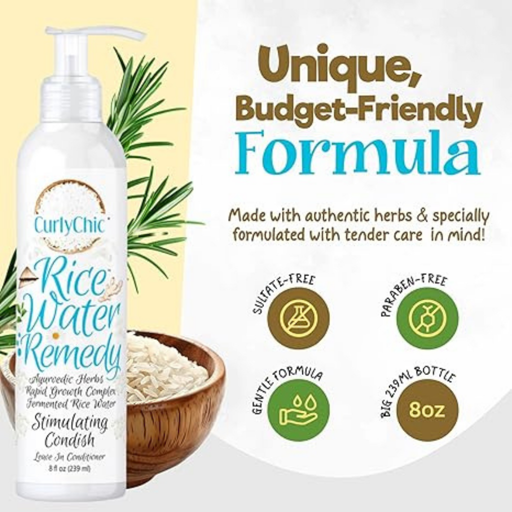 Curly Chic Rice Water Remedy product with text about unique, budget-friendly formula and product features.