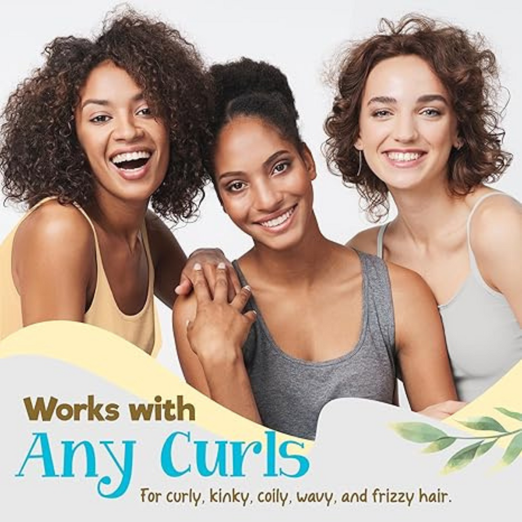 Three women with curly hair smiling, with text 'Works with Any Curls' on a white background.