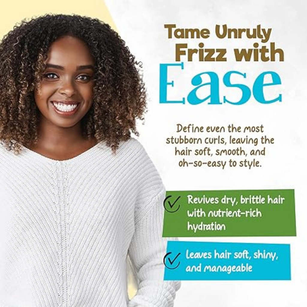 Advertisement for hair care product with a woman and text about taming frizzy hair.