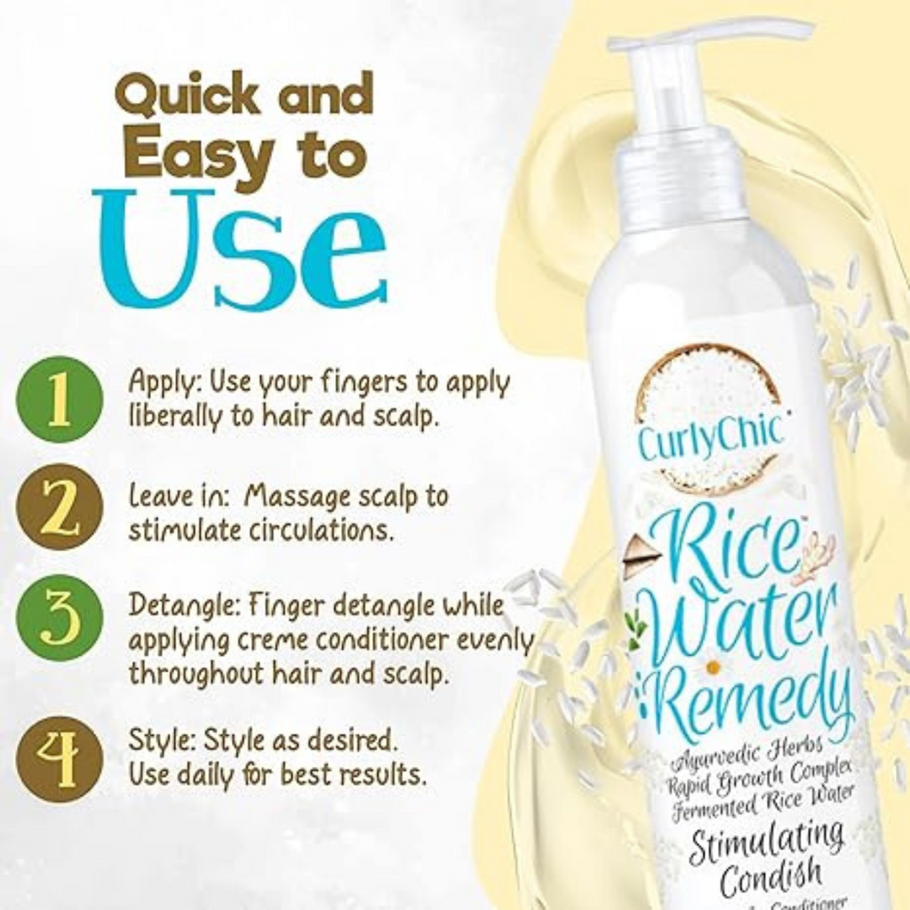 CurlyChic Rice Water Remedy conditioner bottle with usage instructions on a white background