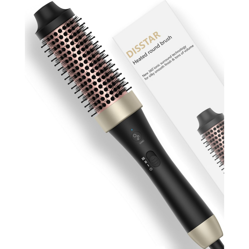 Heated round brush angled with ceramic barrel visible