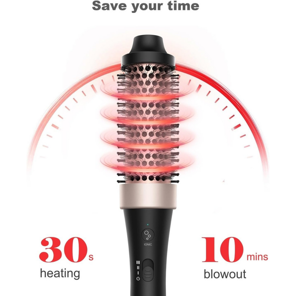 Hair styling tool with red heating indicator and text 'Save your time' on a white background
