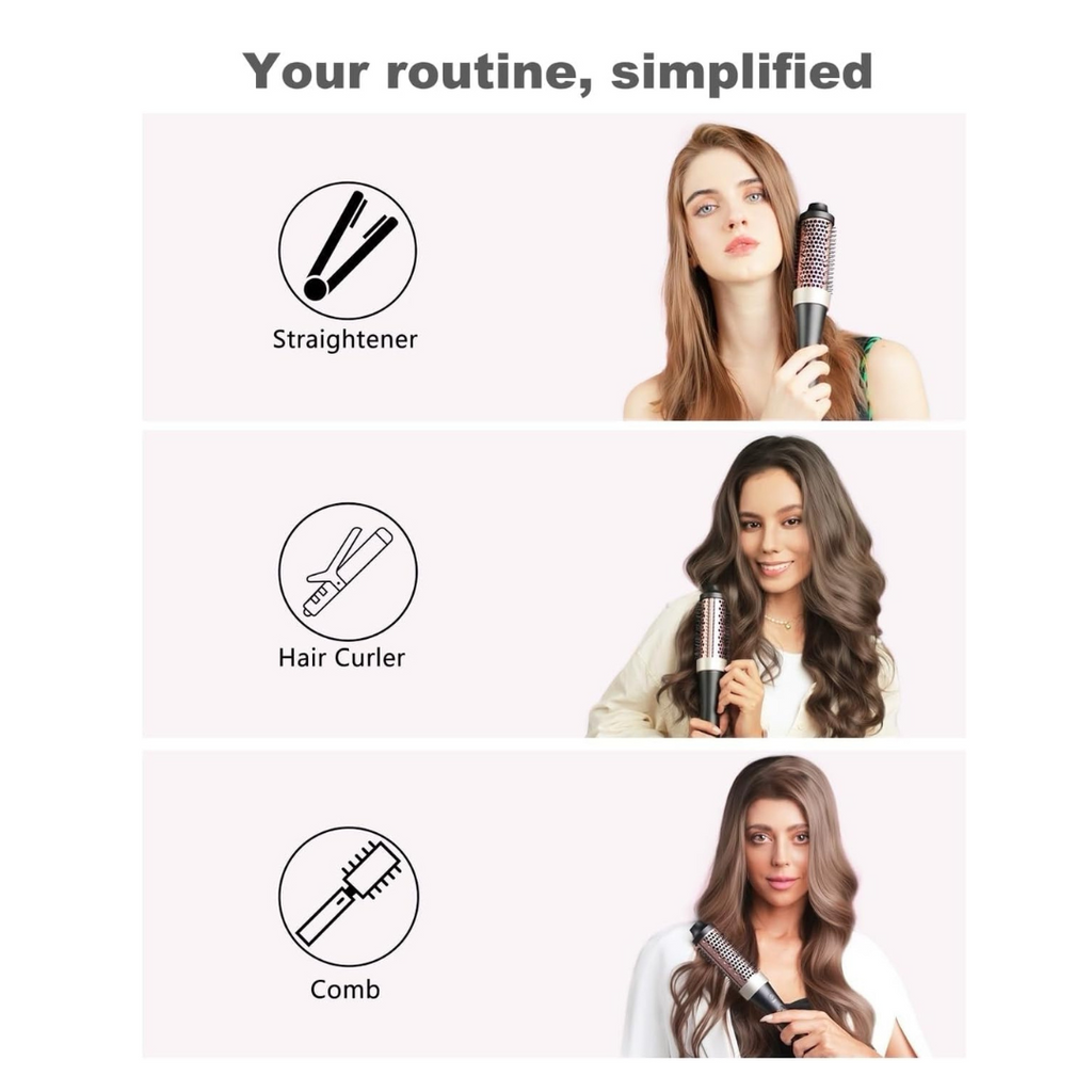 Woman using a hair straightener, hair curler, and comb with text 'Your routine, simplified' on a white background.