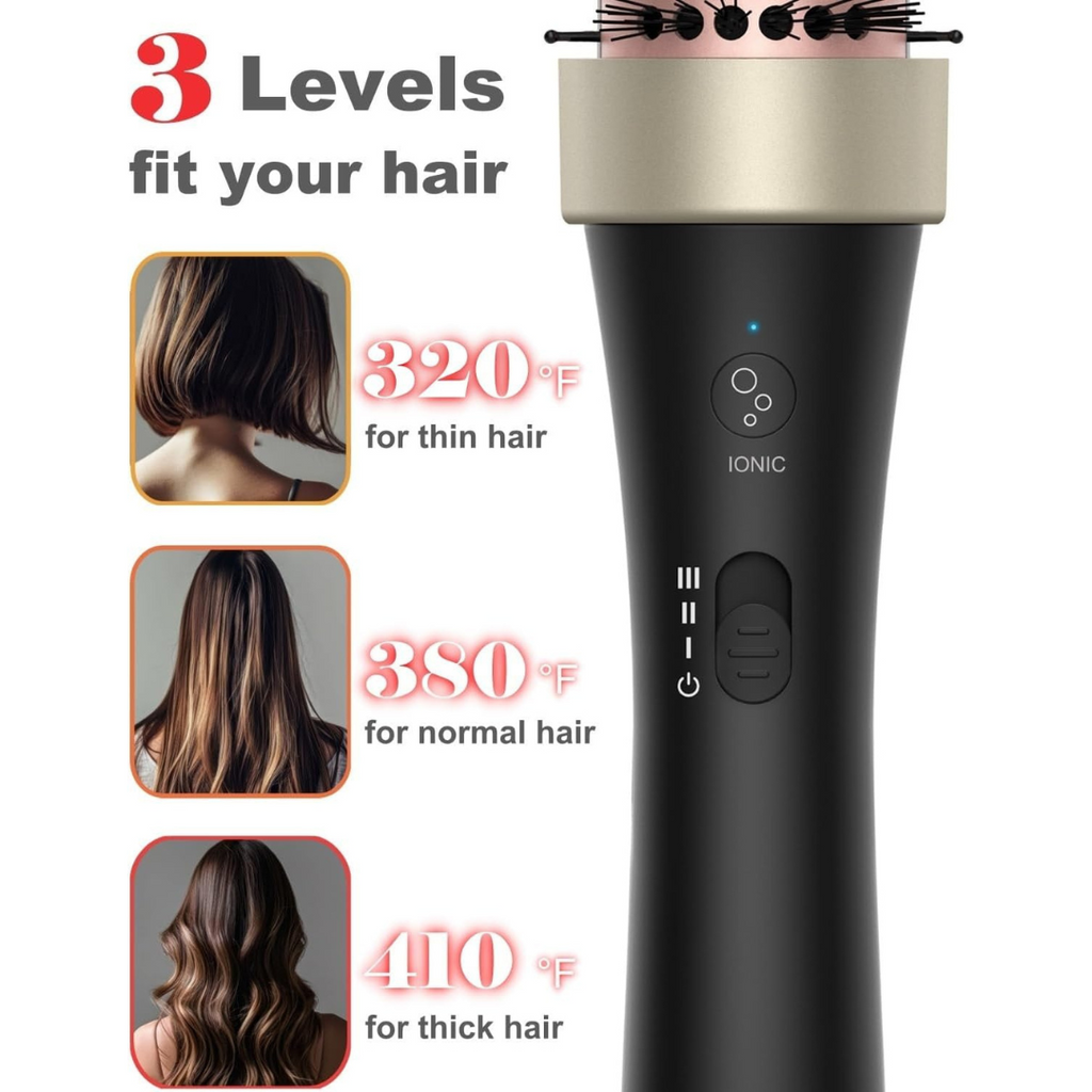 Hair styling tool with temperature settings for different hair types on a white background