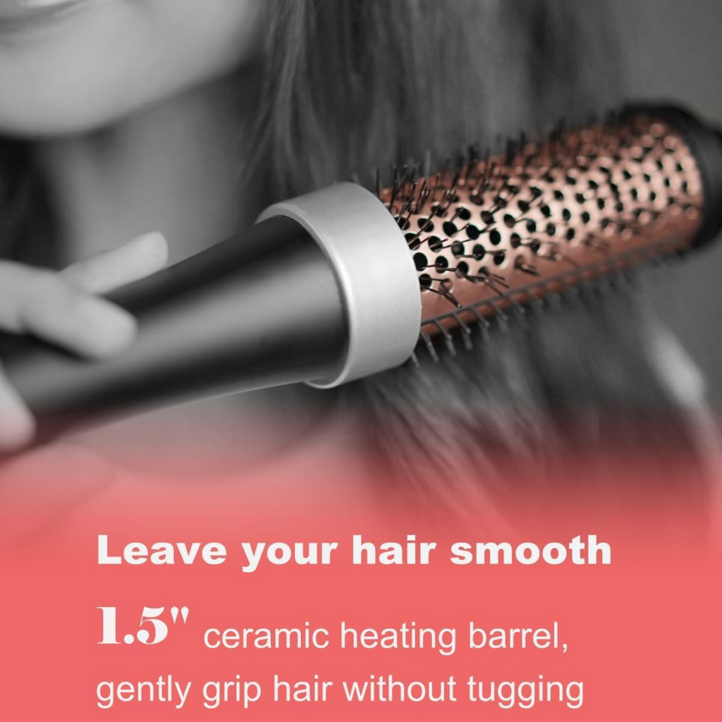 Person using a hairbrush with text about ceramic heating barrel technology