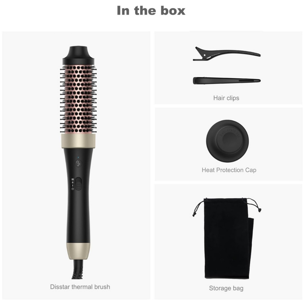 Distar thermal brush with accessories including hair clips, heat protection cap, and storage bag on a white background.