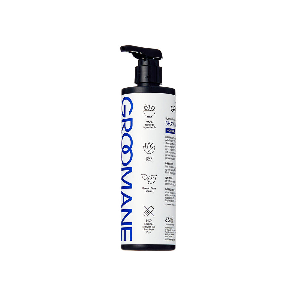Angled view of GROOMANE Barber Grade Shaving Gel bottle