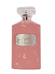 Pink perfume bottle with decorative label on a white background
