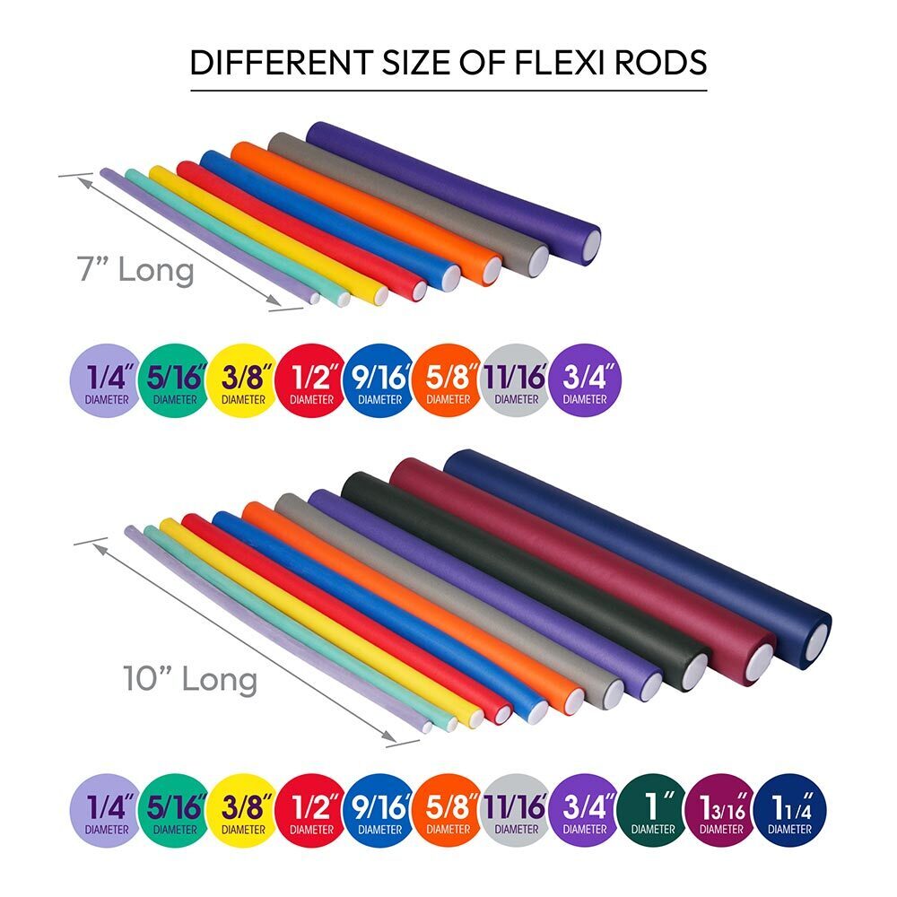 Set of different size flexi rods with measurements on a white background