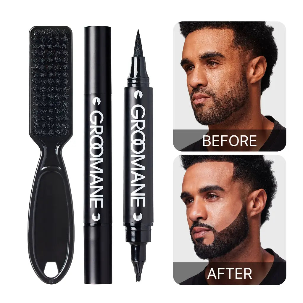 Grooming products including a comb, pencil, and marker with 'Groomane' branding, and a 'Before' and 'After' comparison of a man's beard.