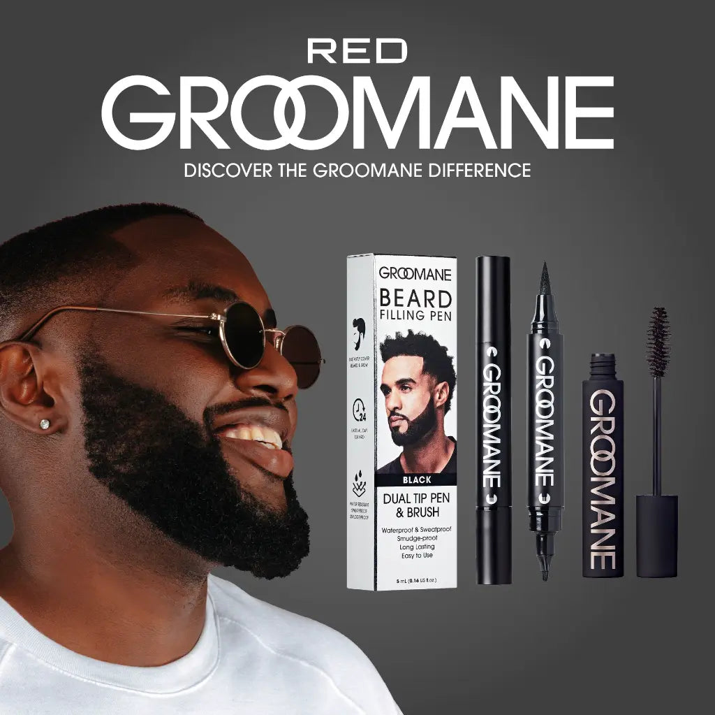 Grooming products with Groomane branding and a man with sunglasses on a dark background.