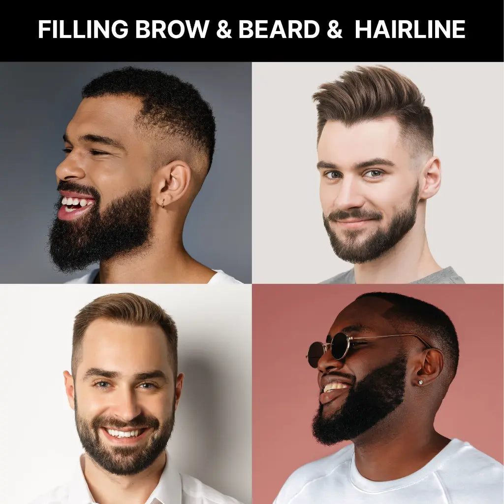 Four men with styled beards and hairlines on a gray background