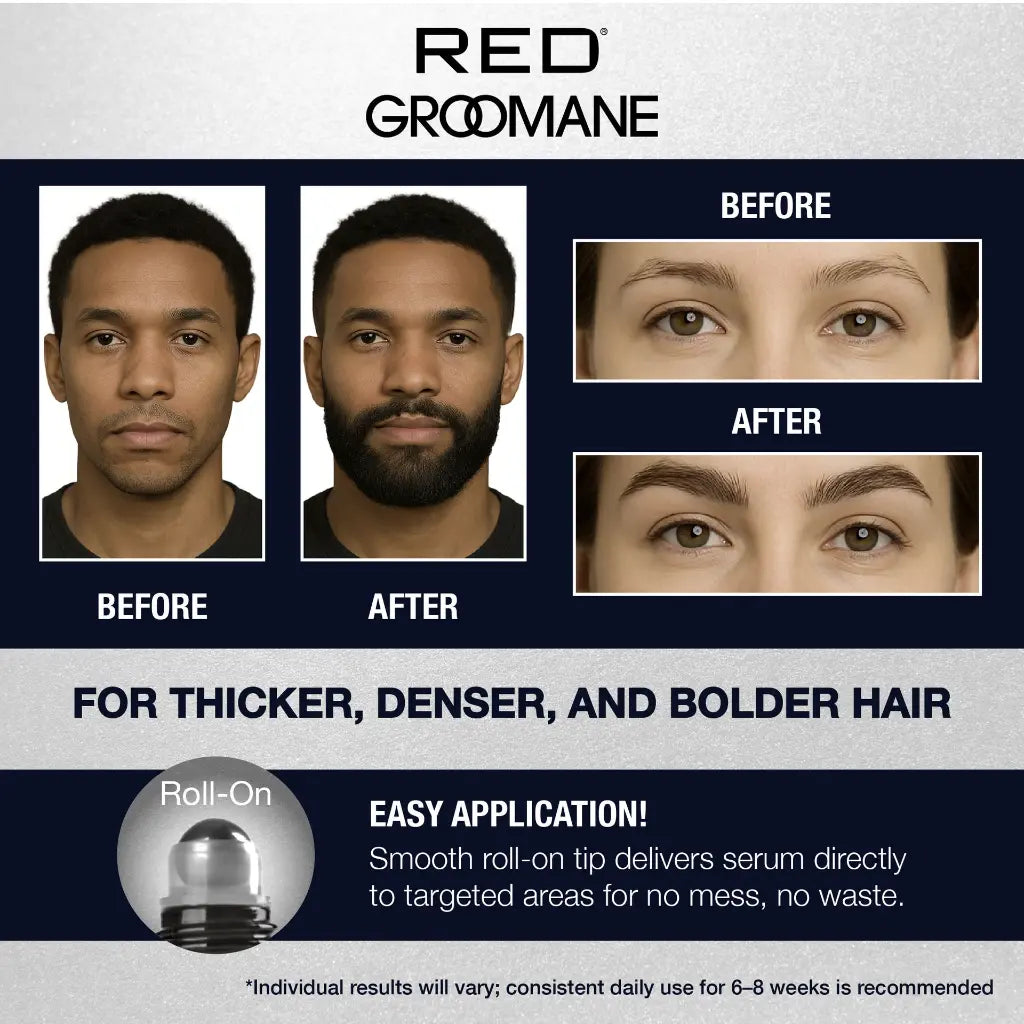 Advertisement for RED GROOMANe hair product showing before and after effects on hair and face.