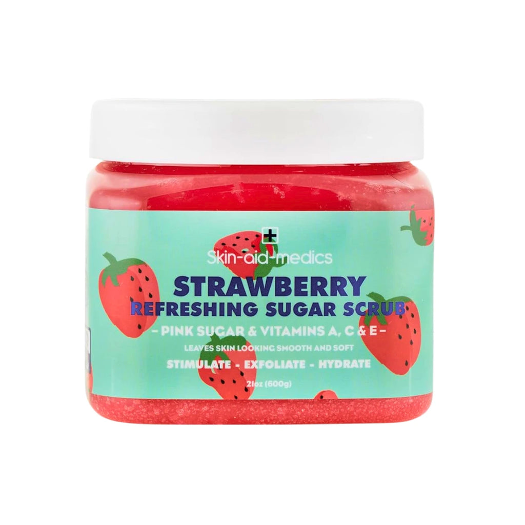 Skin-aid-medics Strawberry Refreshing Sugar Body Scrub jar front view with pink sugar