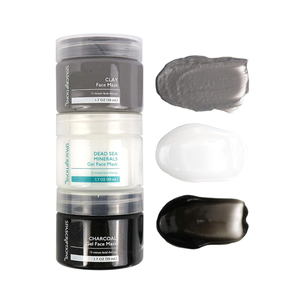Three face mask jars with their respective masks displayed on a white background