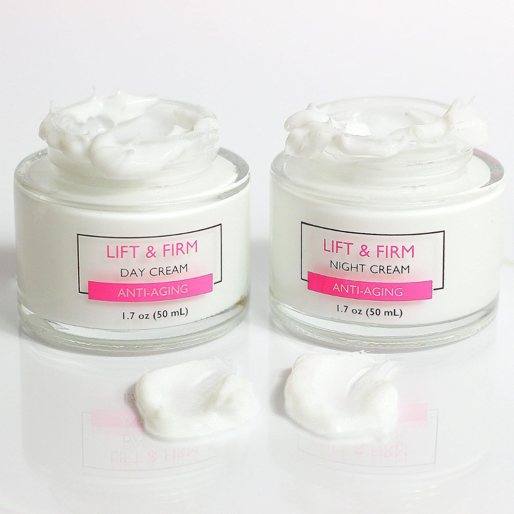 Two jars of Lift & Firm Day and Night Cream on a white background