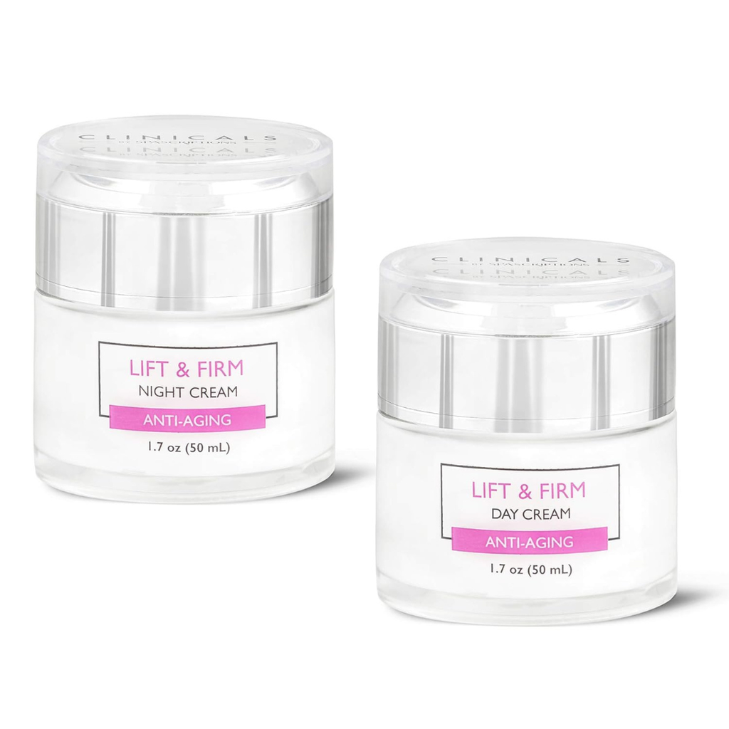 Two jars of Clinicals Lift & Firm cream on a white background