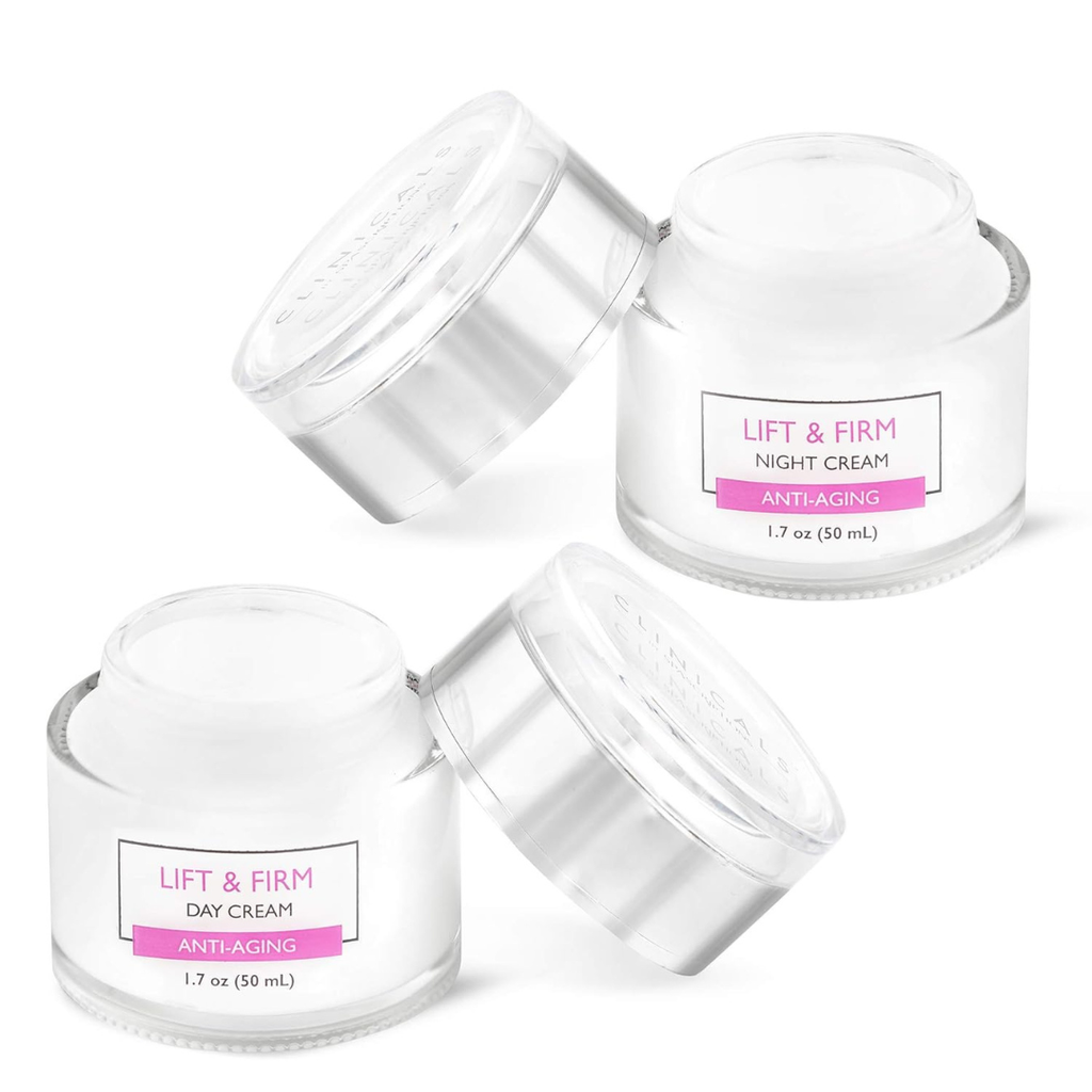 Four clear jars of 'Lift & Firm' day and night cream on a white background