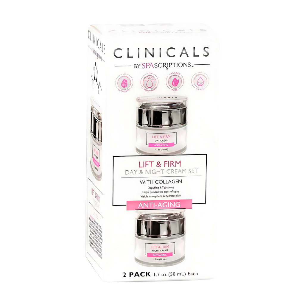 Clinicals by Spascriptions lift and firm day and night cream set packaging on a white background