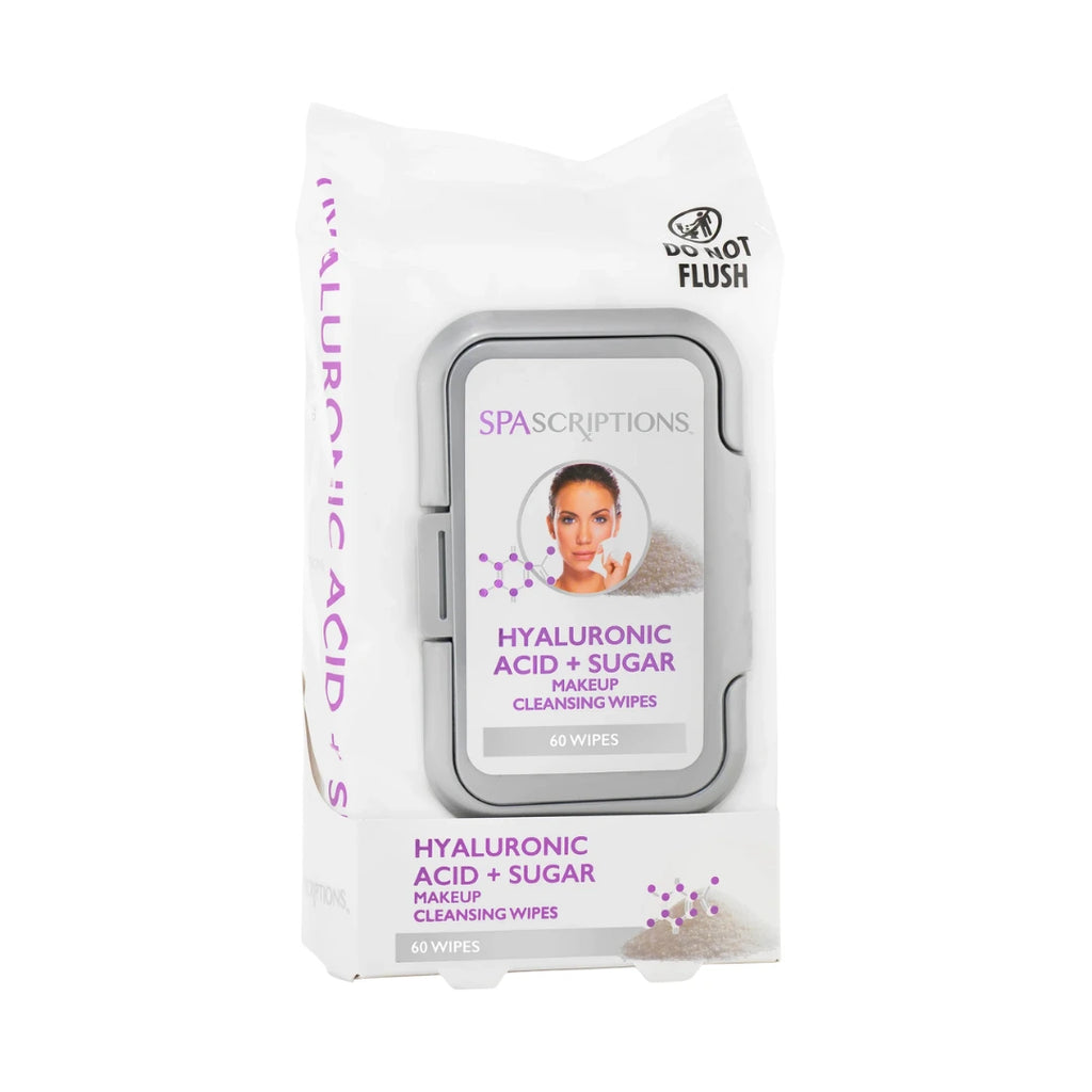 Pack of Spascriptions Hyaluronic Acid + Sugar makeup cleansing wipes on a white background