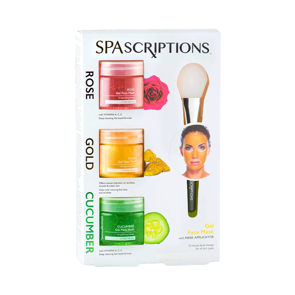 Spascriptions facial treatment set with jars, brush, and rose graphic on a white background