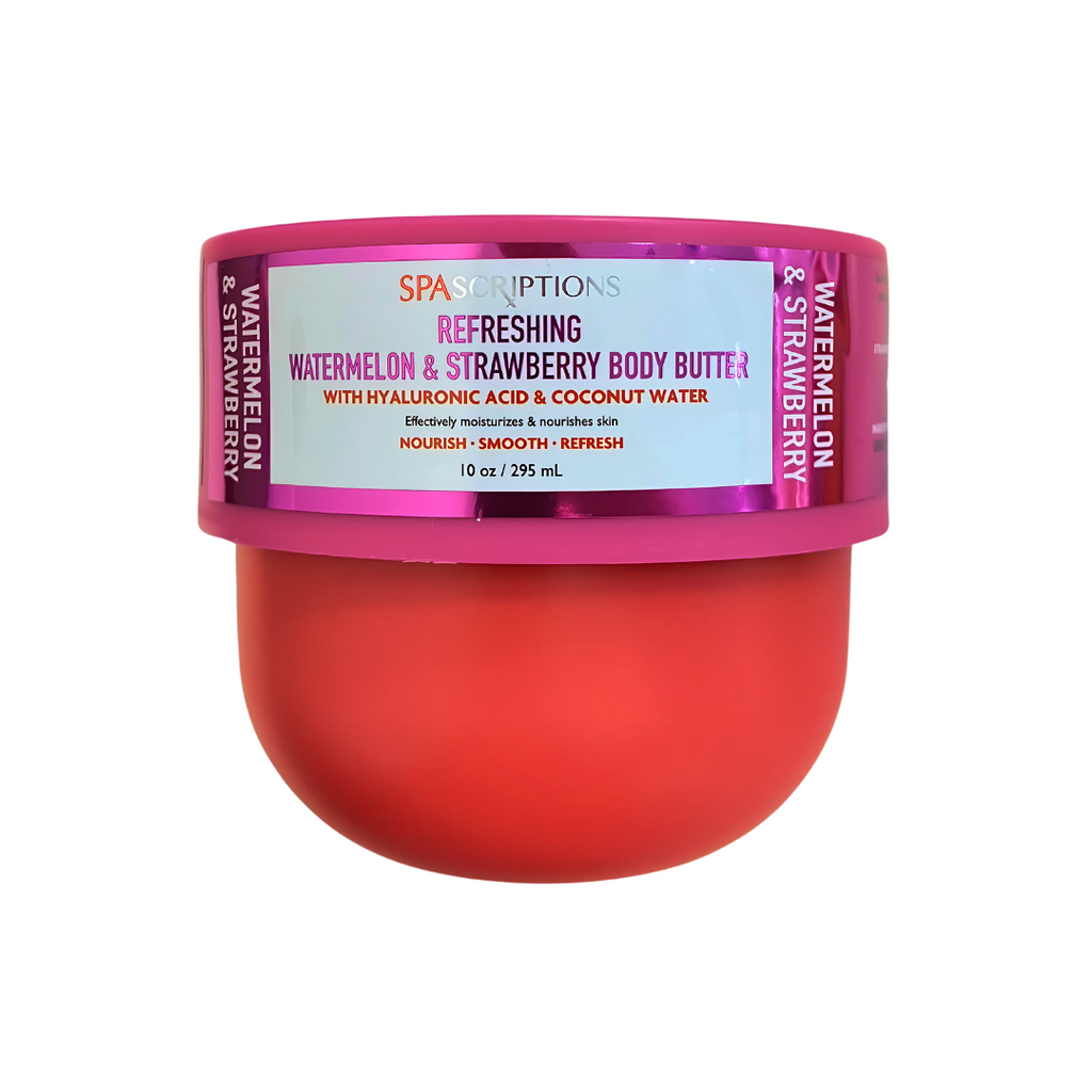 Spascriptions Watermelon & Strawberry Body Butter with Hyaluronic Acid & Coconut Water 10 oz jar front view