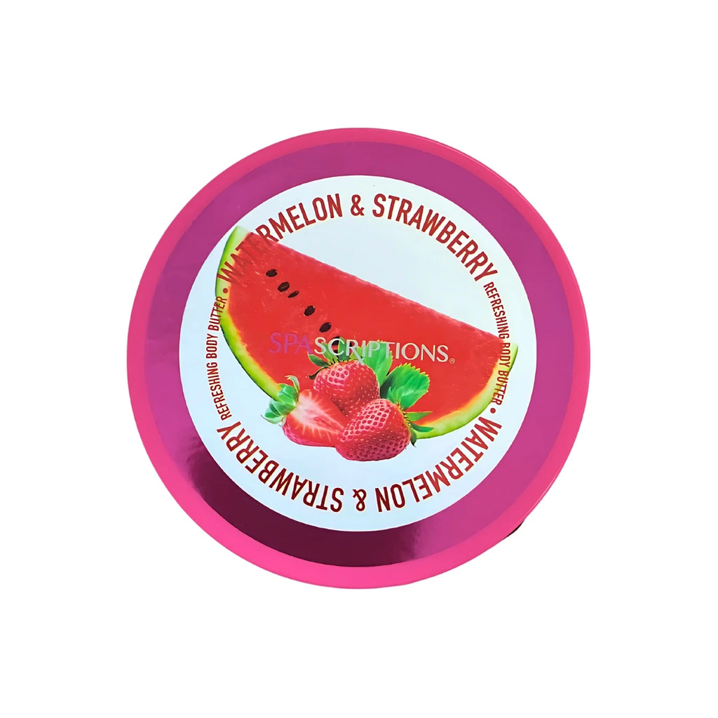 Spascriptions Watermelon & Strawberry Body Butter with Hyaluronic Acid & Coconut Water 10 oz jar front view