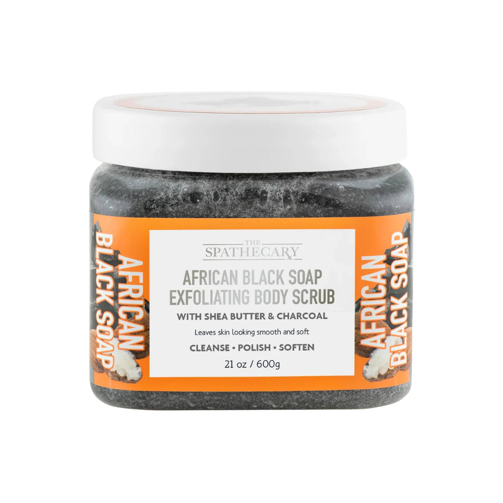 The Spathecary African Black Soap Exfoliating Body Scrub 21 oz jar front packaging view
