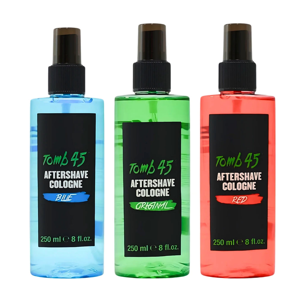 Three bottles of Tomb 45 aftershave cologne in blue, green, and red on a white background.